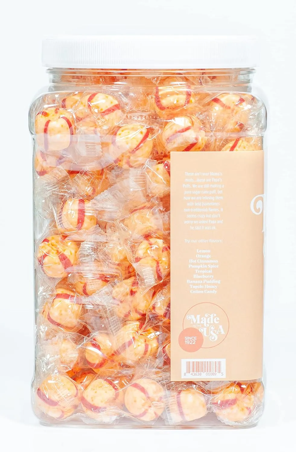 Papa's Puffs Georgia Peach Flavored Pure Sugar Candy - Individually Wrapped in Resealable Tub - Fat-Free, Gluten-Free, Cholesterol-Free - Manufactured in the USA