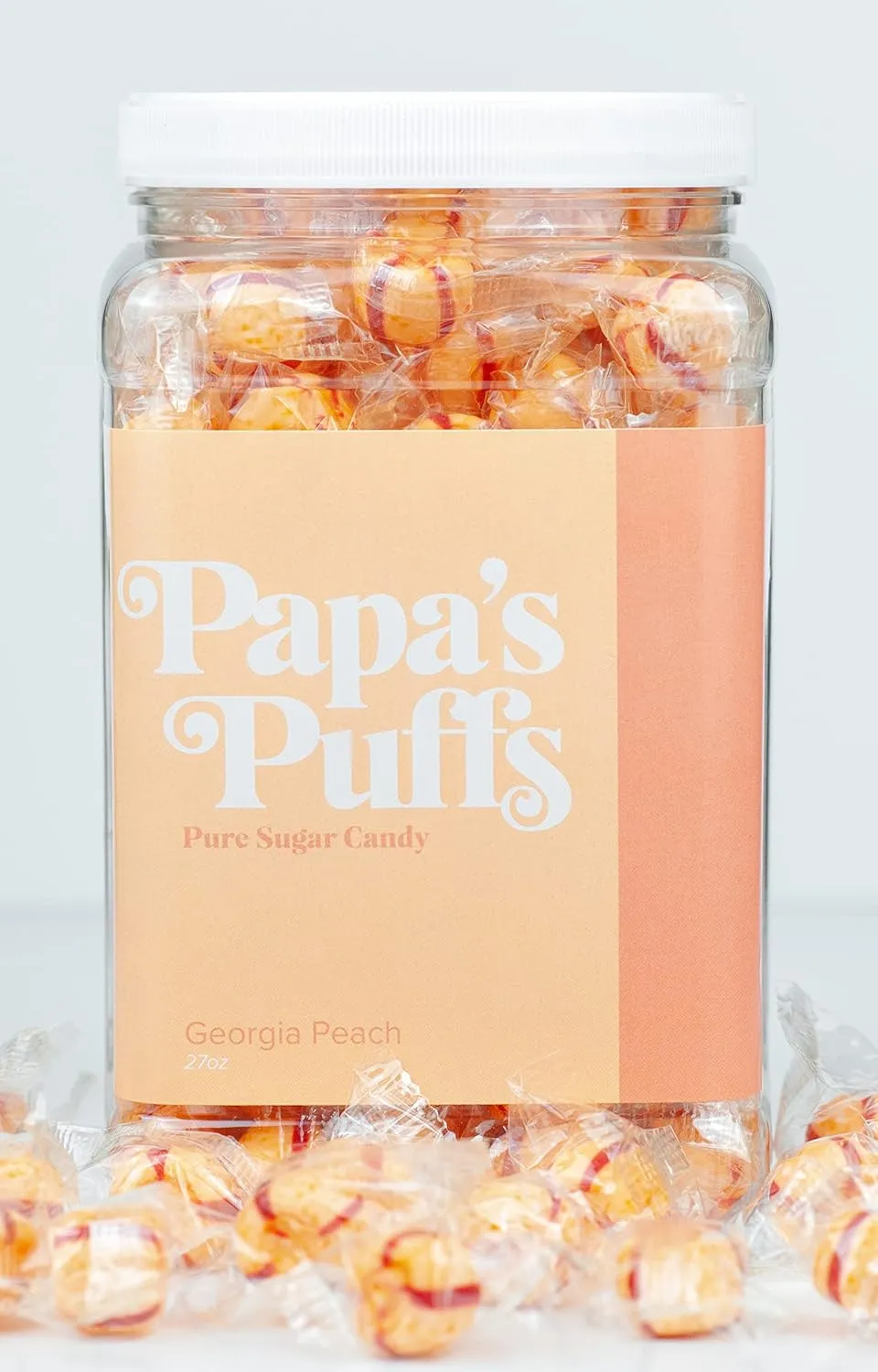 Papa's Puffs Georgia Peach Flavored Pure Sugar Candy - Individually Wrapped in Resealable Tub - Fat-Free, Gluten-Free, Cholesterol-Free - Manufactured in the USA