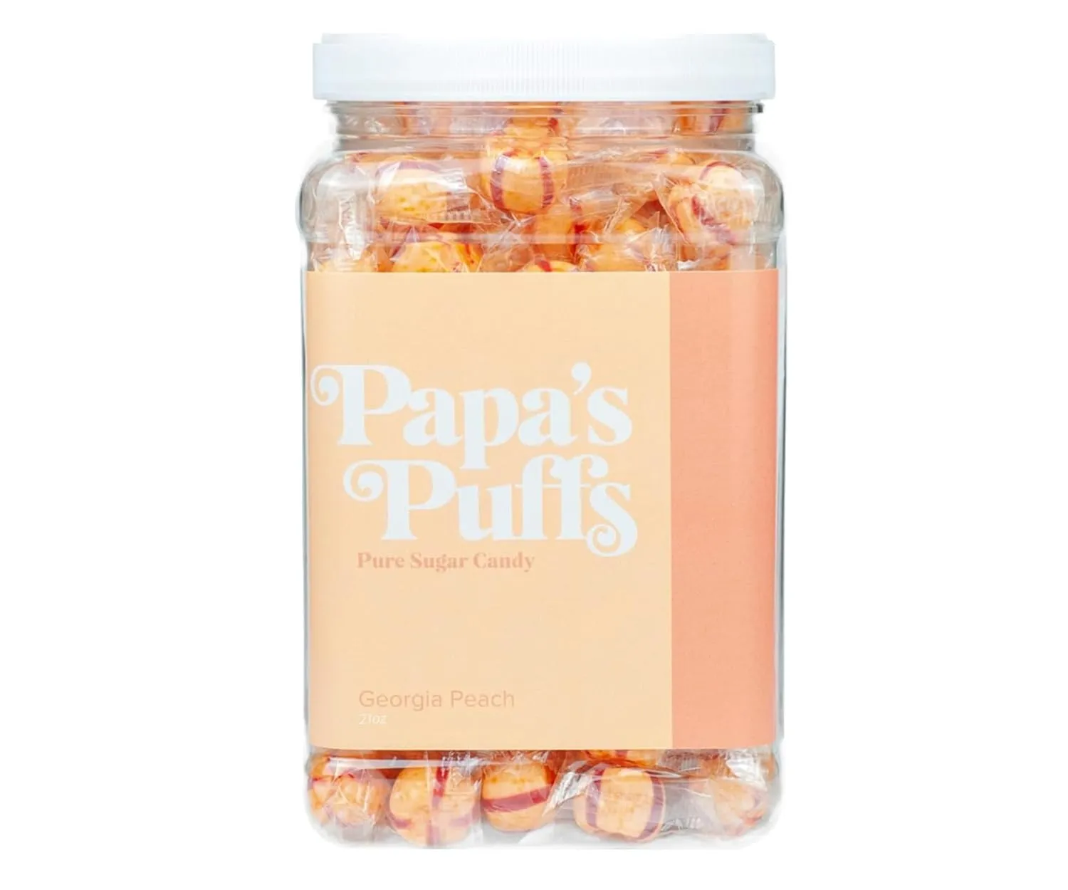 Papa's Puffs Georgia Peach Flavored Pure Sugar Candy - Individually Wrapped in Resealable Tub - Fat-Free, Gluten-Free, Cholesterol-Free - Manufactured in the USA