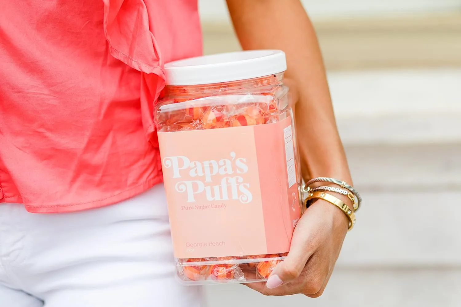 Papa's Puffs Georgia Peach Flavored Pure Sugar Candy - Individually Wrapped in Resealable Tub - Fat-Free, Gluten-Free, Cholesterol-Free - Manufactured in the USA