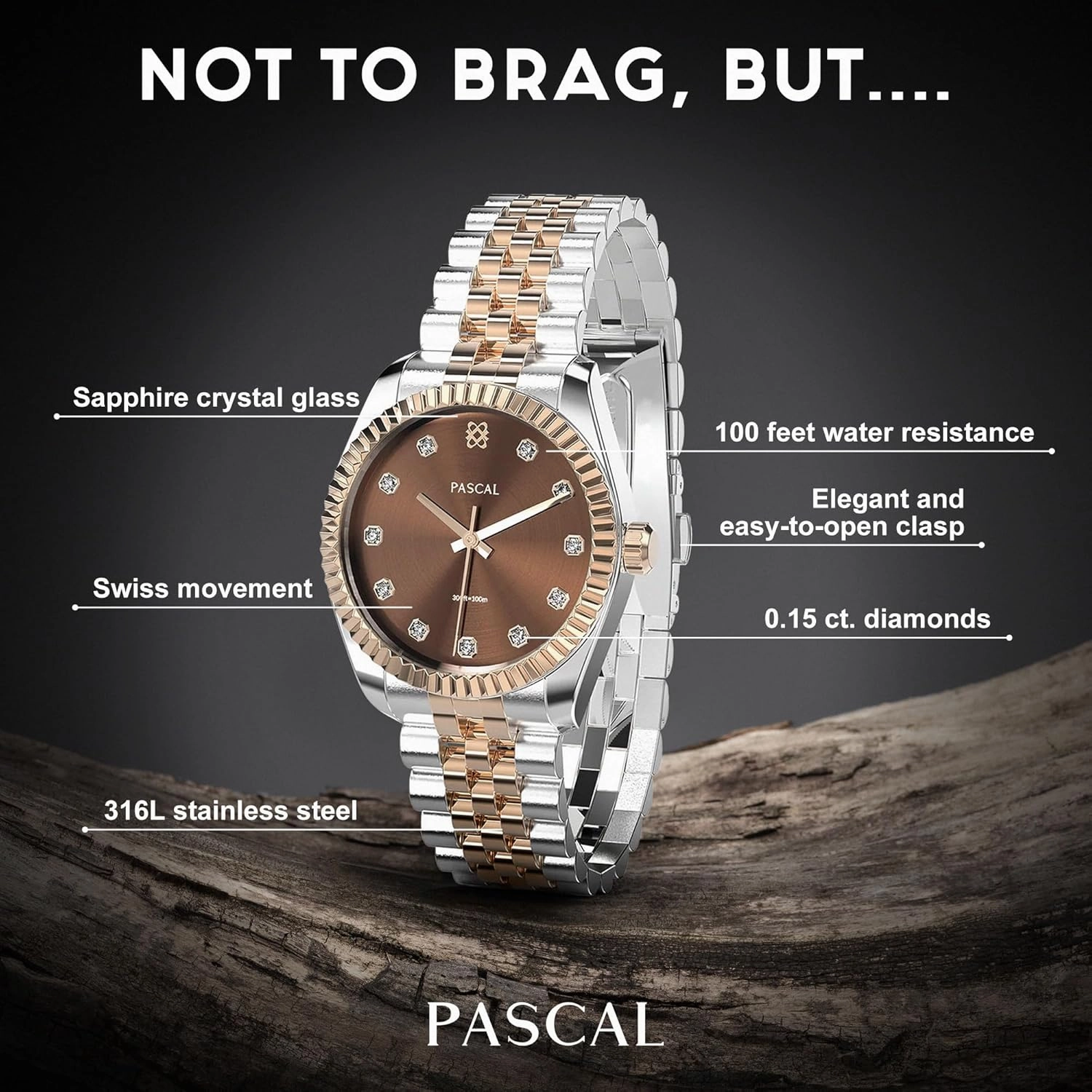 PASCAL Timeless Classic Diamond Stainless Steel Watch for Men and Women, Swiss Quartz Movement, Luxury Silver & Rose Gold Wrist Watch, Sapphire Crystal 10ATM Waterproof, 31mm / 36mm