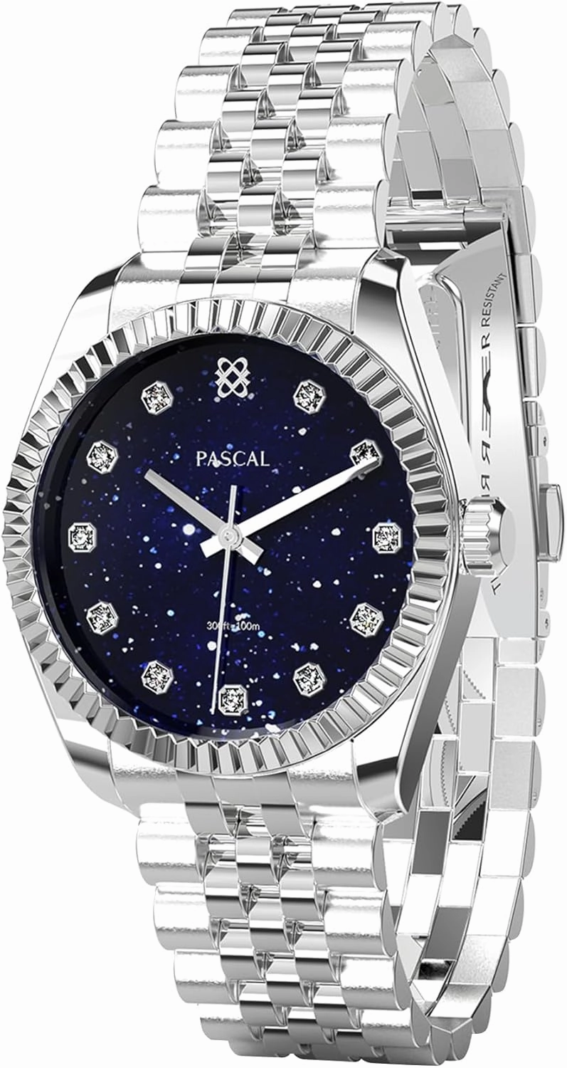 PASCAL Timeless Classic Diamond Stainless Steel Watch for Men and Women, Swiss Quartz Movement, Luxury Silver & Rose Gold Wrist Watch, Sapphire Crystal 10ATM Waterproof, 31mm / 36mm