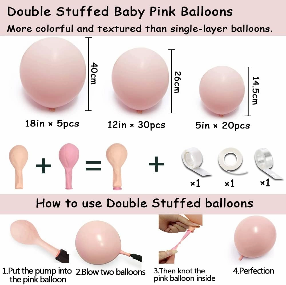 Pastel Pink Balloon Garland Double Stuffed Baby Pink Balloons Arch Light Pink Latex Balloons Different Sizes 18/12/5 Inch Macaron Balloon Kit for Baby Shower Wedding Princess Birthday Party Decor