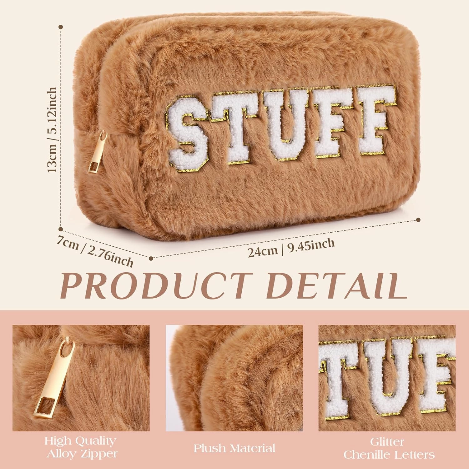 Paterr 4 Pieces Chenille Letter Preppy Patches Makeup Bag Plush Fuzzy Cosmetic Hair Face Skin Toiletry Travel Bag Pouch with Zipper Preppy Stuff for Girls Women(Pink Brown)