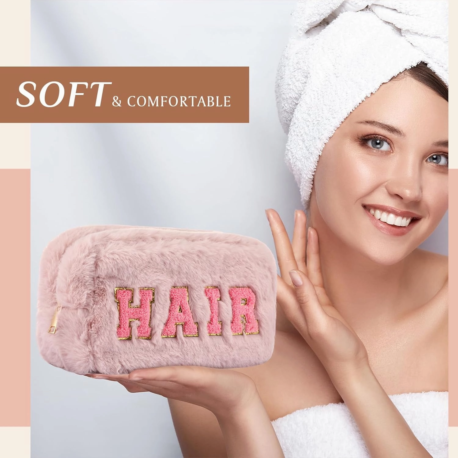 Paterr 4 Pieces Chenille Letter Preppy Patches Makeup Bag Plush Fuzzy Cosmetic Hair Face Skin Toiletry Travel Bag Pouch with Zipper Preppy Stuff for Girls Women(Pink Brown)