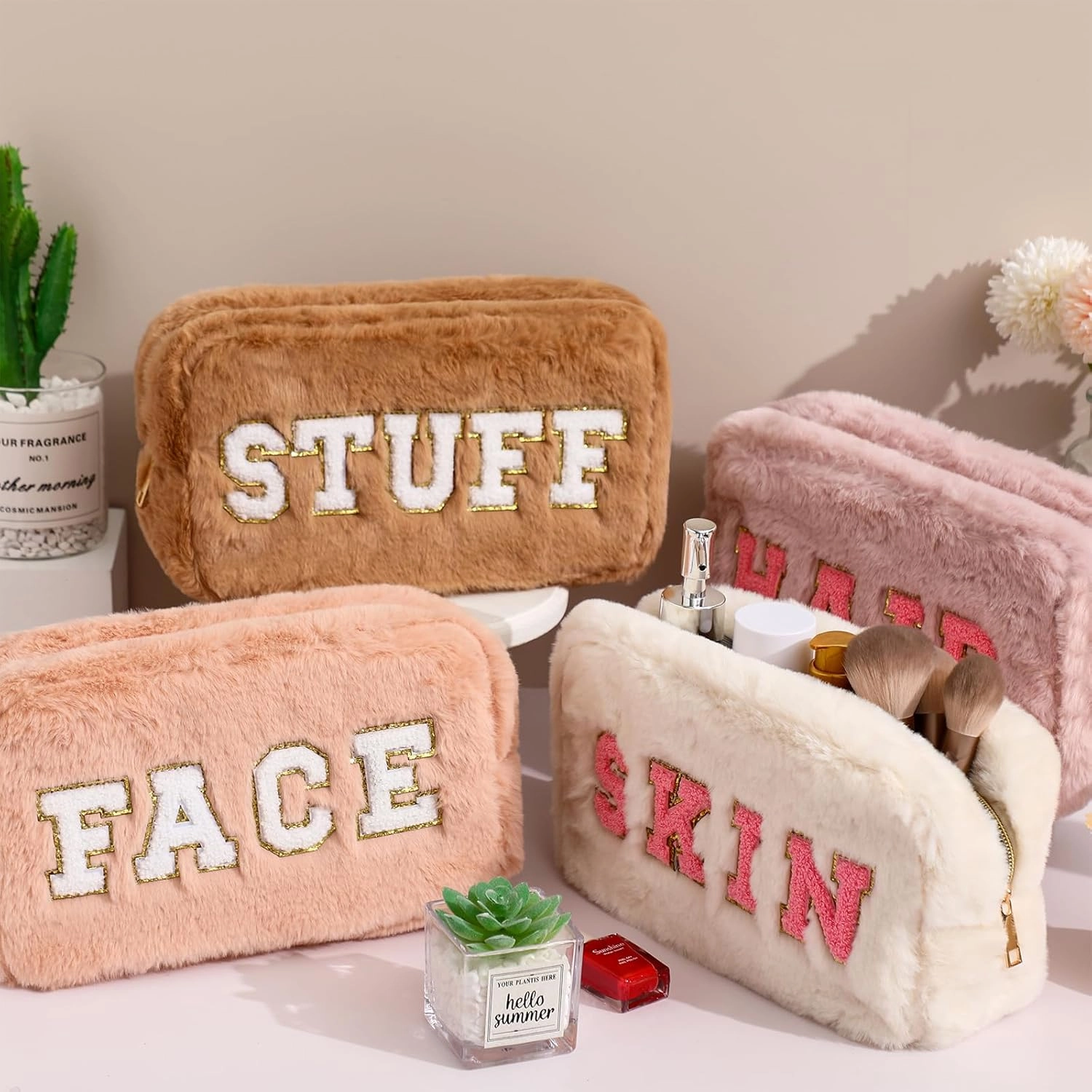 Paterr 4 Pieces Chenille Letter Preppy Patches Makeup Bag Plush Fuzzy Cosmetic Hair Face Skin Toiletry Travel Bag Pouch with Zipper Preppy Stuff for Girls Women(Pink Brown)