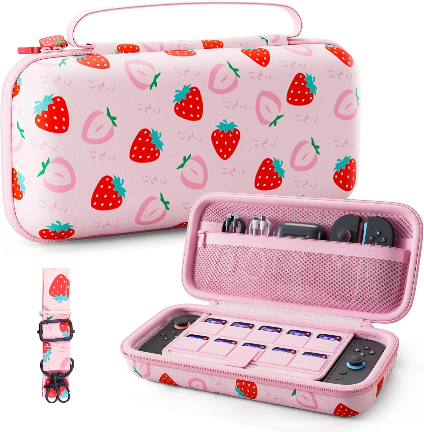 PAWDIARY for Nintendo Switch 2(2025) Pink Carrying Case Protector, Girly Strawberry Switch 2 Travel Bag with 10 Game Card Slots, Adjustable Shoulder Strap, Cute Large Capacity Accessories Storage
