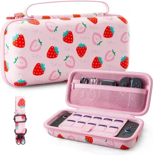 PAWDIARY for Nintendo Switch 2(2025) Pink Carrying Case Protector, Girly Strawberry Switch 2 Travel Bag with 10 Game Card Slots, Adjustable Shoulder Strap, Cute Large Capacity Accessories Storage