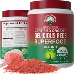 Peak Performance Organic Reds Superfood Powder, Best Tasting Organic Red Juice Super Food w/ 25  All Natural Ingredients & Polyphenols, Vital for Max Energy and Detox. Raspberry, Elderberry, Beetroot