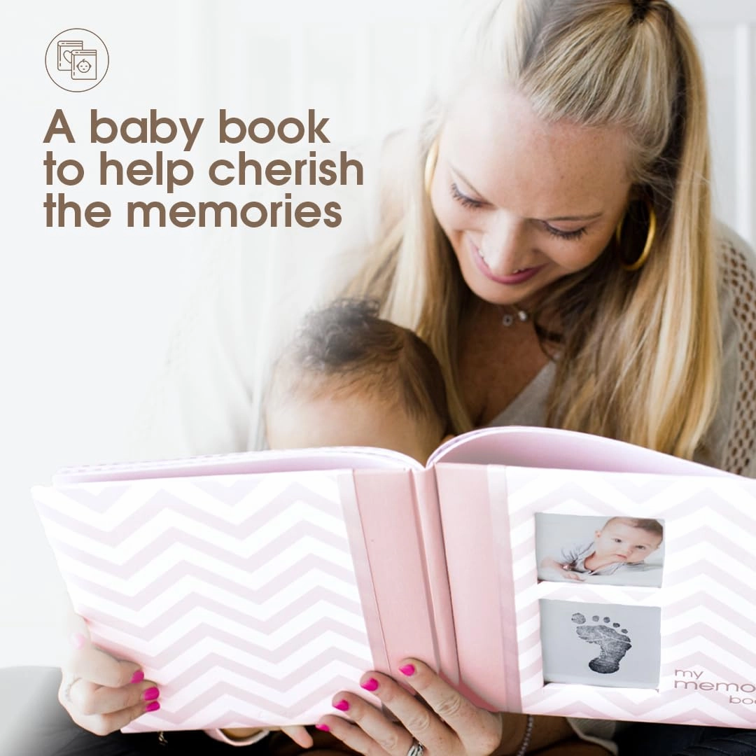 Pearhead Baby Memory Book, First 5 Years Baby Milestone Book, Pregnancy Journal, Gender Neutral Newborn Keepsake, With Clean-Touch Ink Pad For Baby's Handprint or Footprint, Pink Chevron