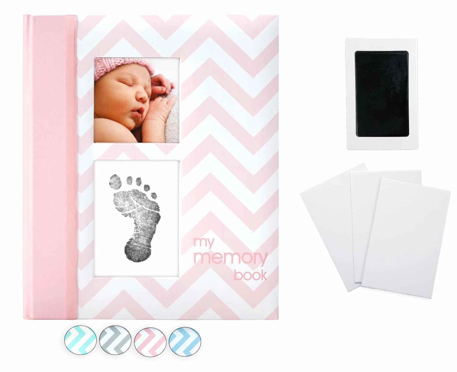 Pearhead Baby Memory Book, First 5 Years Baby Milestone Book, Pregnancy Journal, Gender Neutral Newborn Keepsake, With Clean-Touch Ink Pad For Baby's Handprint or Footprint, Pink Chevron