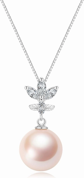 Pearl Pendant Necklace for Women, Four Leaf Clover S925 Sterling Silver Necklace, 12-12.5MM Natural Cultured Round Pearls, 18 2IN Adjustable Chain, Luxury Jewelry Gifts for Wife Mother