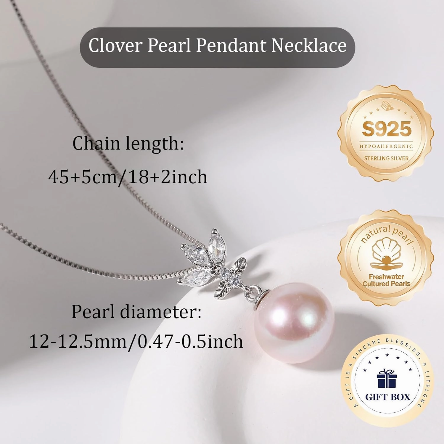 Pearl Pendant Necklace for Women, Four Leaf Clover S925 Sterling Silver Necklace, 12-12.5MM Natural Cultured Round Pearls, 18 2IN Adjustable Chain, Luxury Jewelry Gifts for Wife Mother