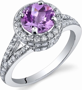 Peora Created Pink Sapphire Ring for Women in Sterling Silver, Vintage Halo Design, 1.75 Carats Round Shape, 7mm, Sizes 5 to 9