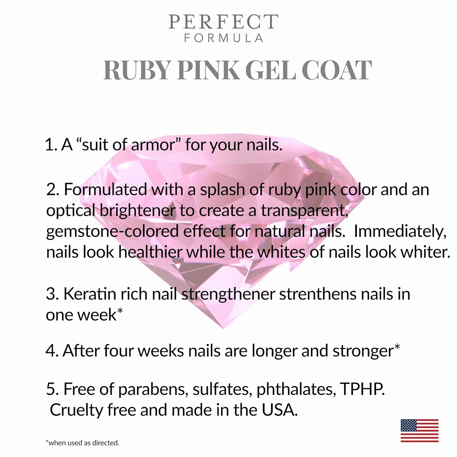 Perfect Formula Ruby Pink Gel Coat - Nail Strengthener, Keratin Nail Treatment, Gemstone Pink Gel Nail Polish - Nail Strengthener for Damaged Nails - Made In The USA .60 fl oz.
