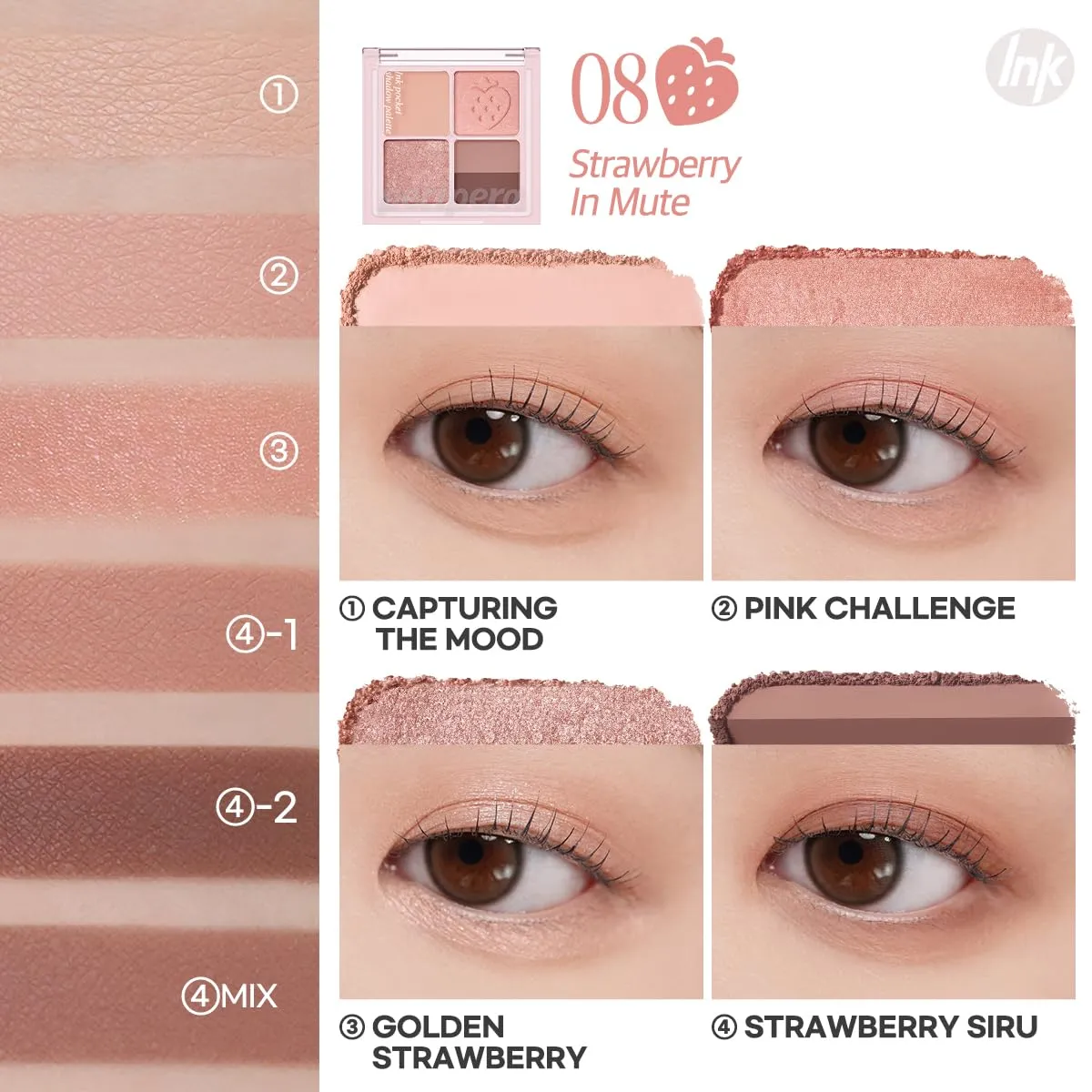 Peripera Ink Pocket Shadow Palette, Eyeshadow Quads, Creamy Formula, Blendable Matte & Shimmer Shades, Easy to Apply (008 STRAWBERRY IN MUTE, One Size)
