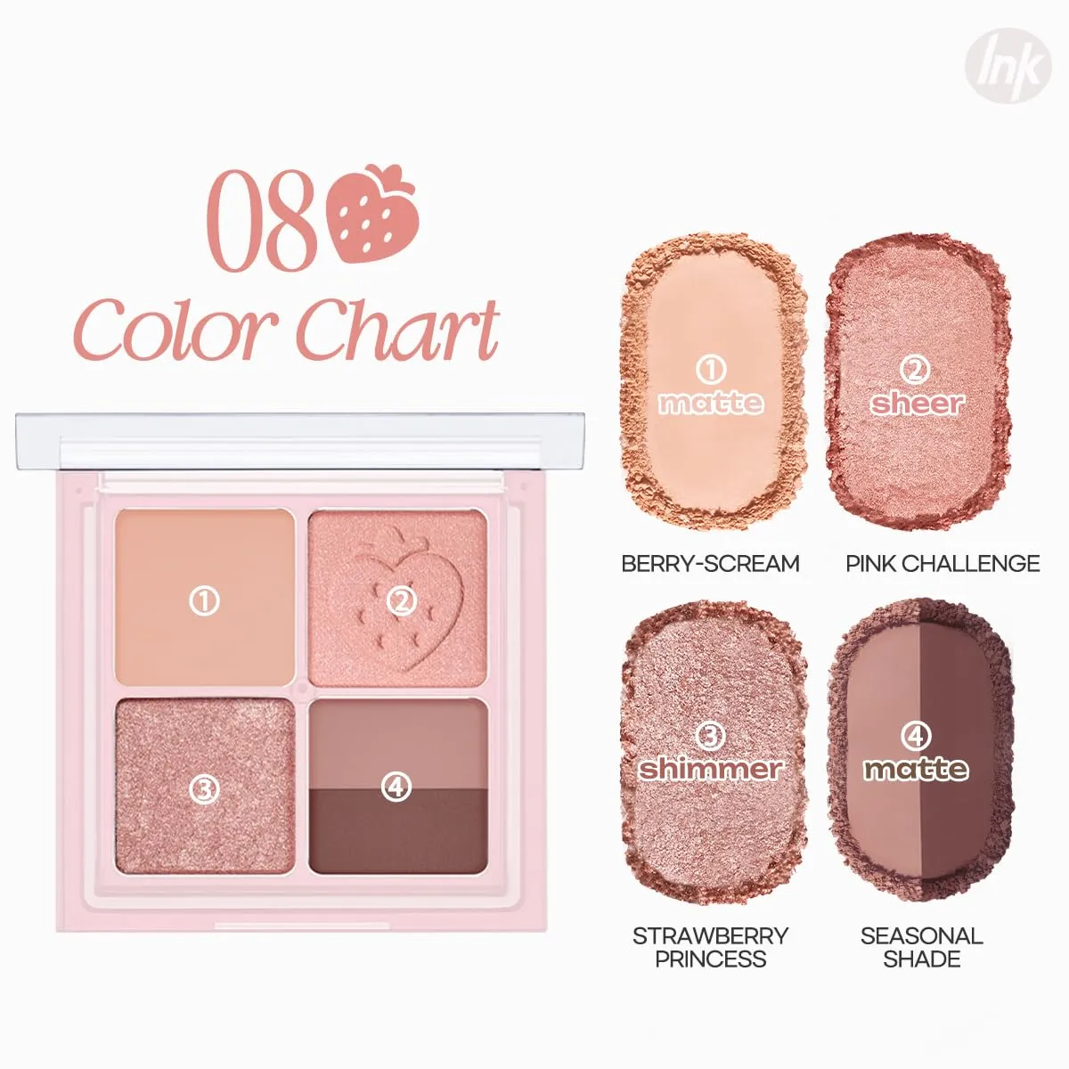Peripera Ink Pocket Shadow Palette, Eyeshadow Quads, Creamy Formula, Blendable Matte & Shimmer Shades, Easy to Apply (008 STRAWBERRY IN MUTE, One Size)