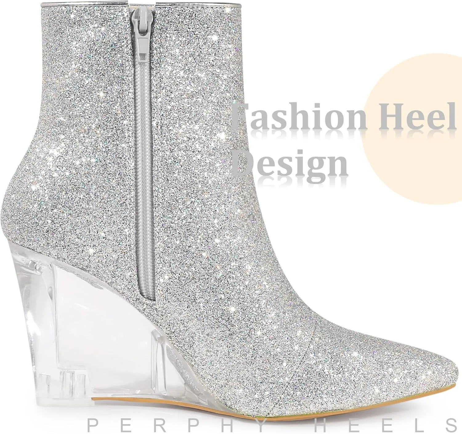 Perphy Clear Heels Boots Sequin Pointed Toe Glitter Wedge Heels Ankle Boots for Women