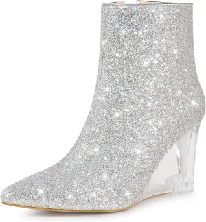 Perphy Clear Heels Boots Sequin Pointed Toe Glitter Wedge Heels Ankle Boots for Women
