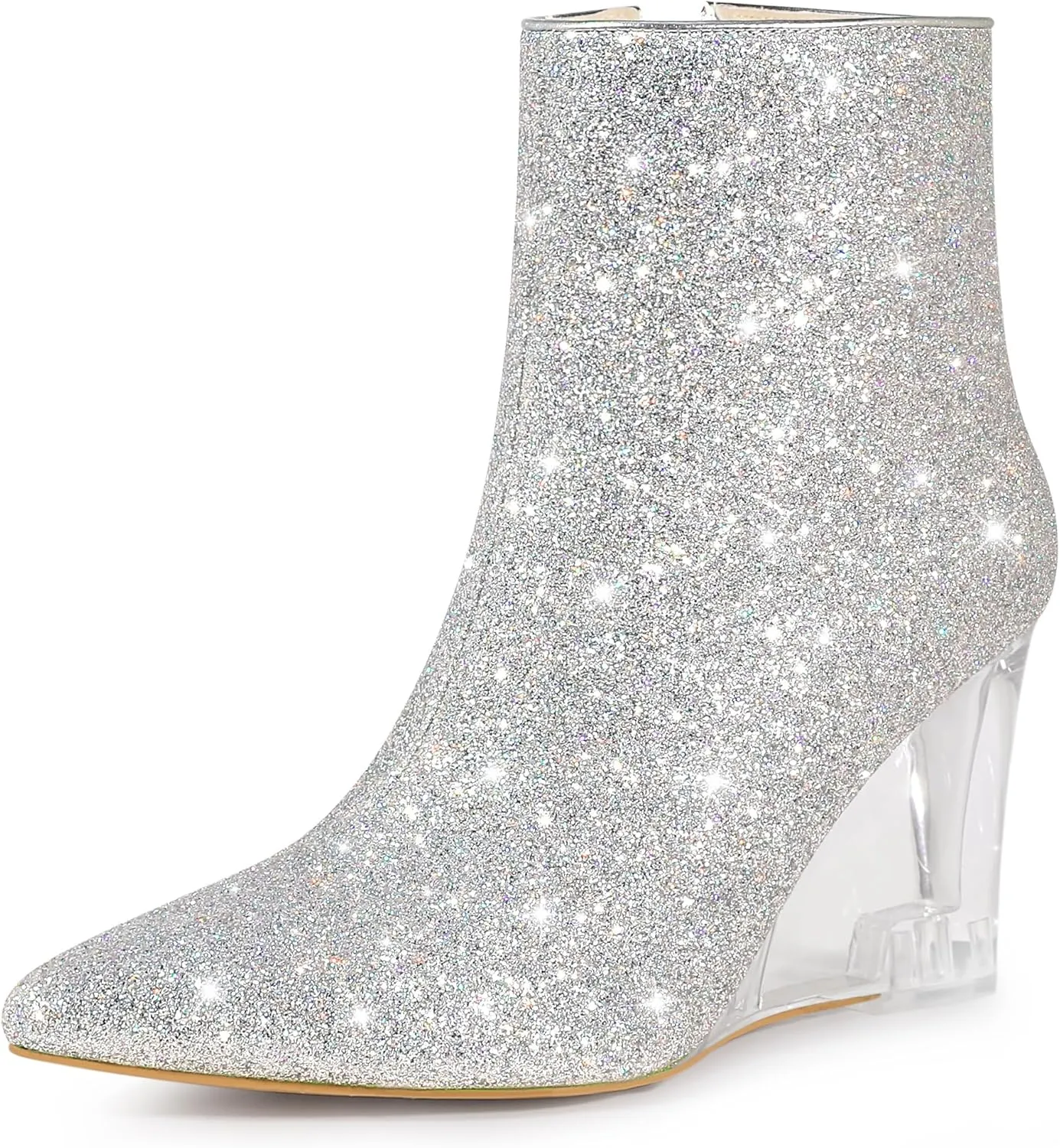 Perphy Clear Heels Boots Sequin Pointed Toe Glitter Wedge Heels Ankle Boots for Women