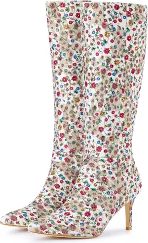 Perphy Floral Knee High Boot Stiletto Heel Floral Boots for Women