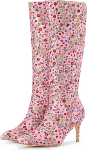 Perphy Floral Knee High Boot Stiletto Heel Floral Boots for Women