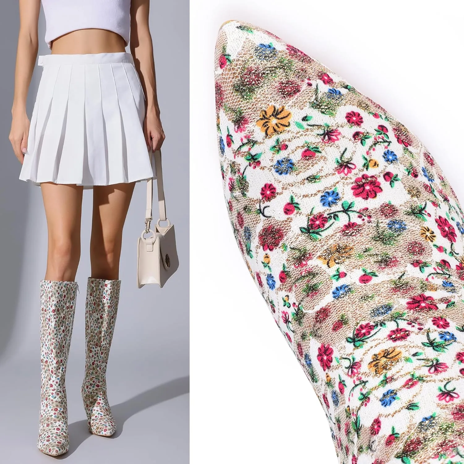 Perphy Floral Knee High Boot Stiletto Heel Floral Boots for Women