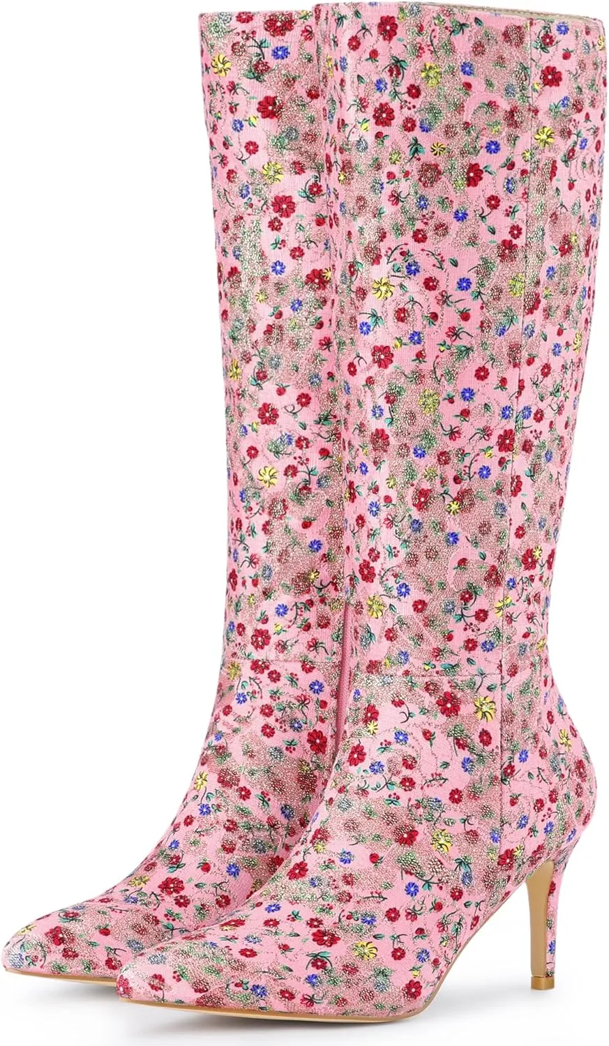 Perphy Floral Knee High Boot Stiletto Heel Floral Boots for Women