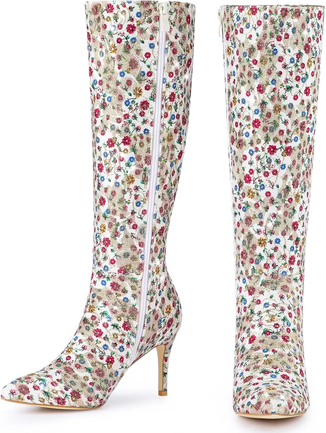 Perphy Floral Knee High Boot Stiletto Heel Floral Boots for Women
