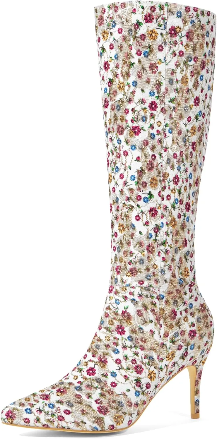 Perphy Floral Knee High Boot Stiletto Heel Floral Boots for Women