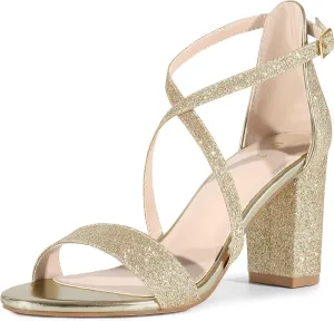 Perphy Glitter Sparkly Heels Crisscross Strap Chunky Heel Dress Shoes Sandals for Women