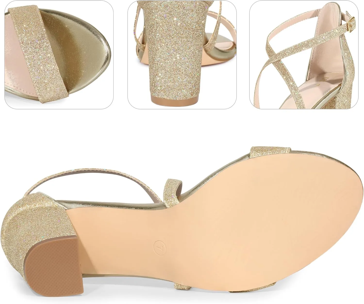 Perphy Glitter Sparkly Heels Crisscross Strap Chunky Heel Dress Shoes Sandals for Women