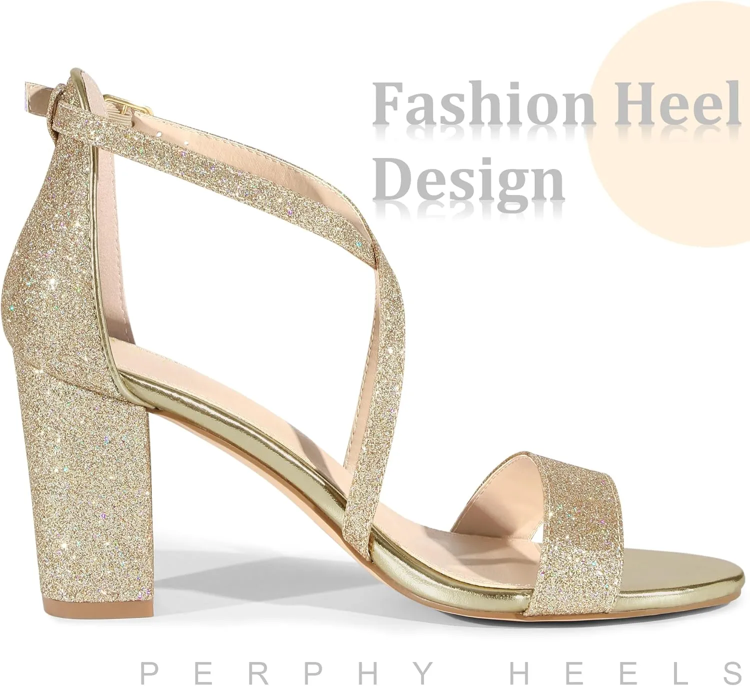 Perphy Glitter Sparkly Heels Crisscross Strap Chunky Heel Dress Shoes Sandals for Women