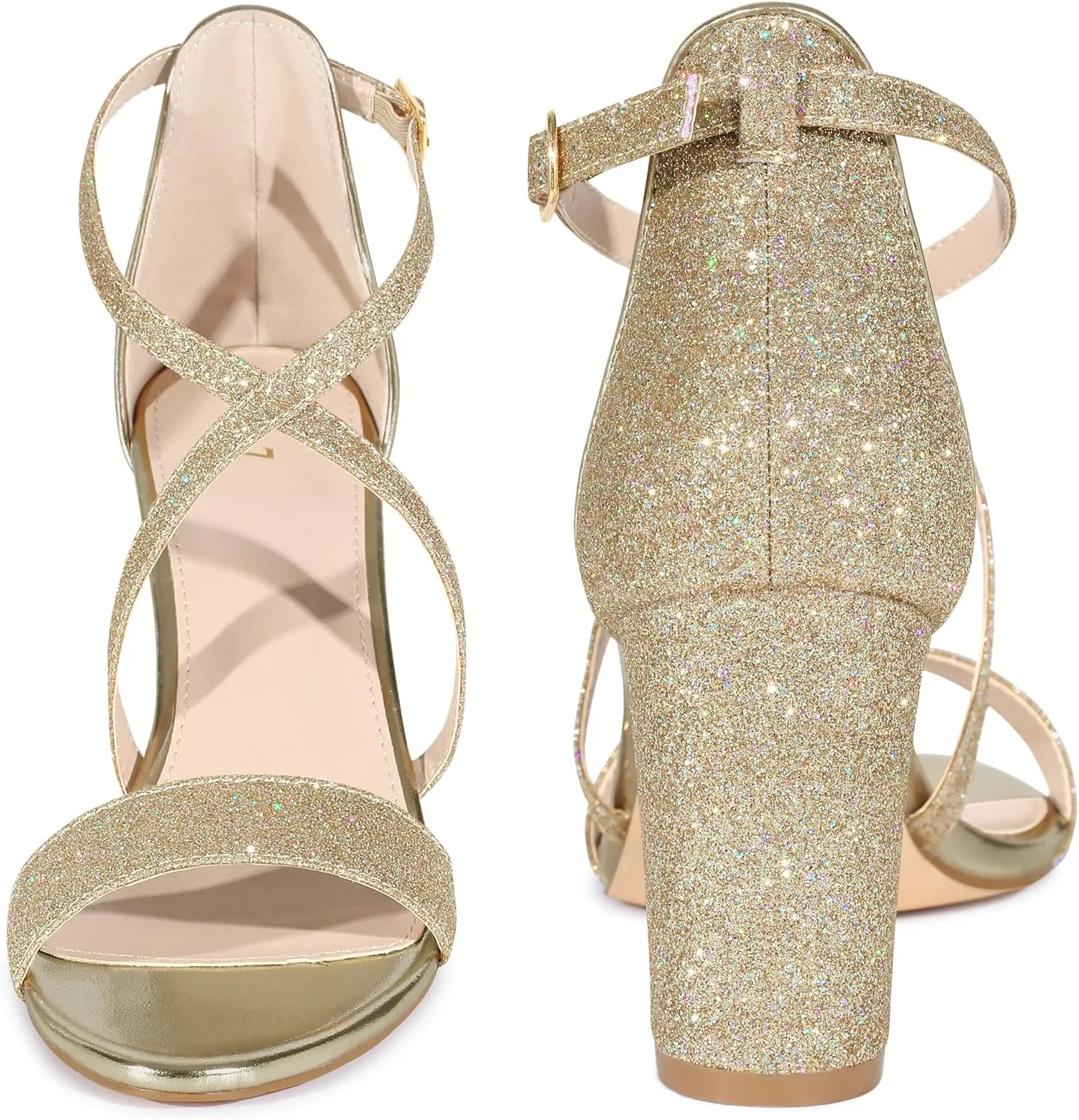 Perphy Glitter Sparkly Heels Crisscross Strap Chunky Heel Dress Shoes Sandals for Women