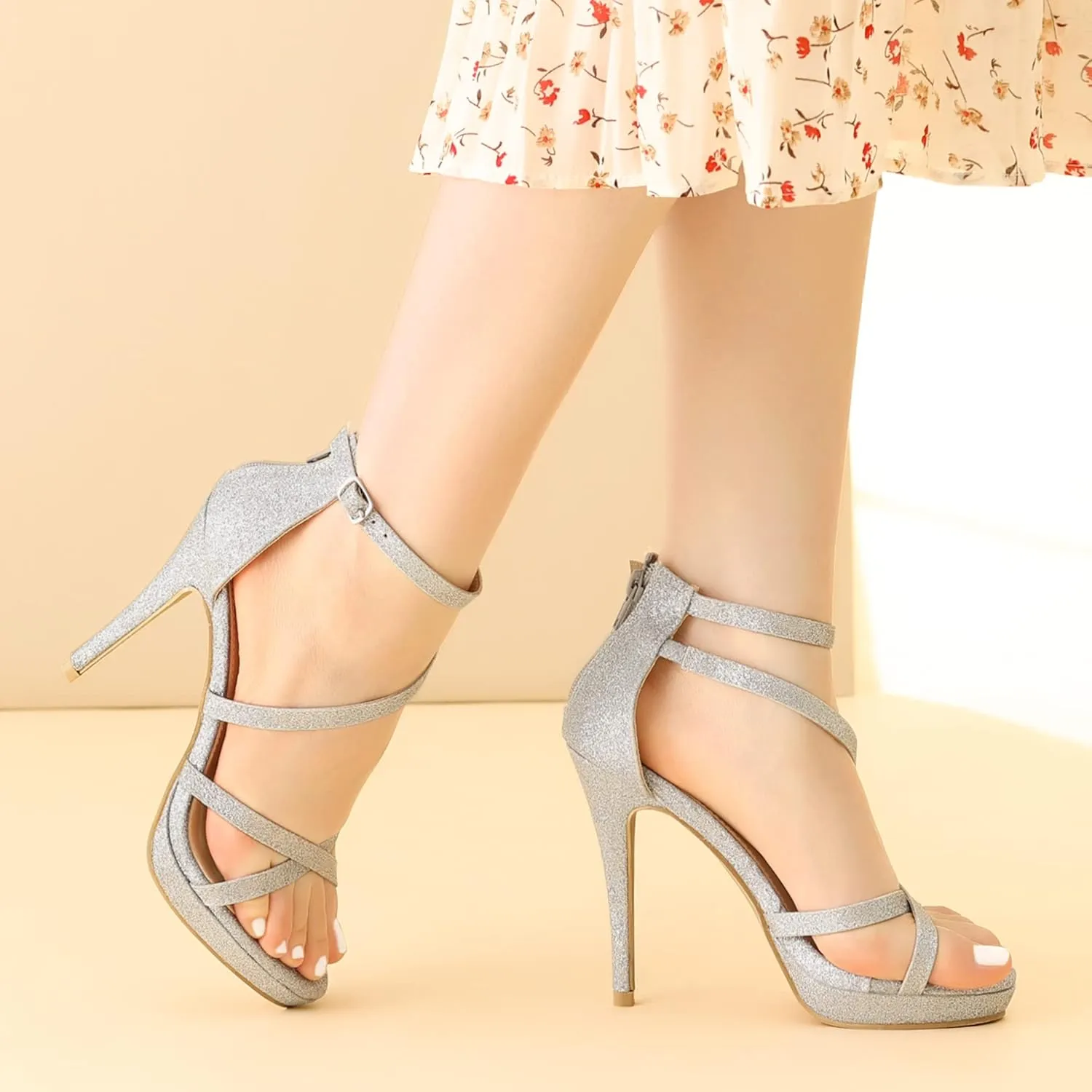 Perphy Platform Glitter Strappy Stiletto Heels Sandals for Women