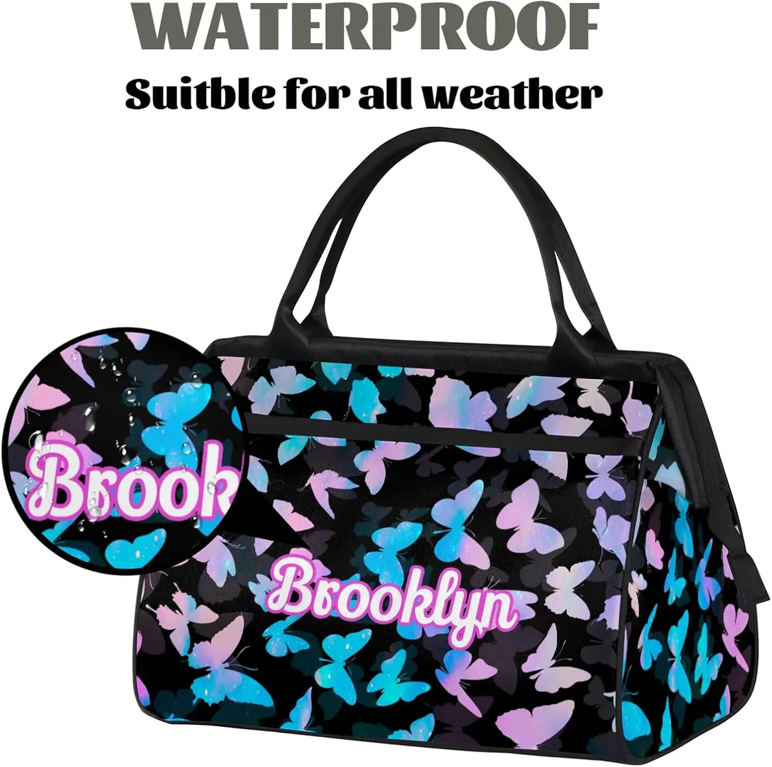 Personalized Butterfly Duffel Bag with Name Custom Travel Sports Bag for Women Men Waterproof Dance Ballet Bag Lightweight 15.2in, Blue Pink Glitter