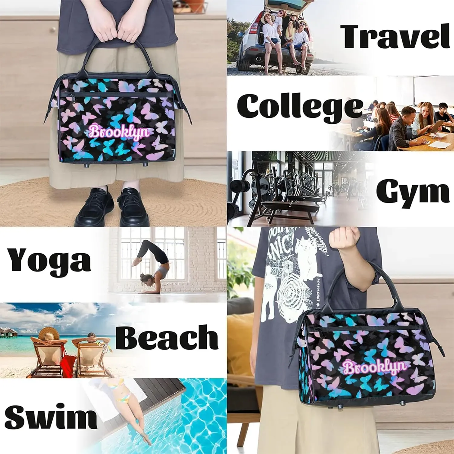 Personalized Butterfly Duffel Bag with Name Custom Travel Sports Bag for Women Men Waterproof Dance Ballet Bag Lightweight 15.2in, Blue Pink Glitter