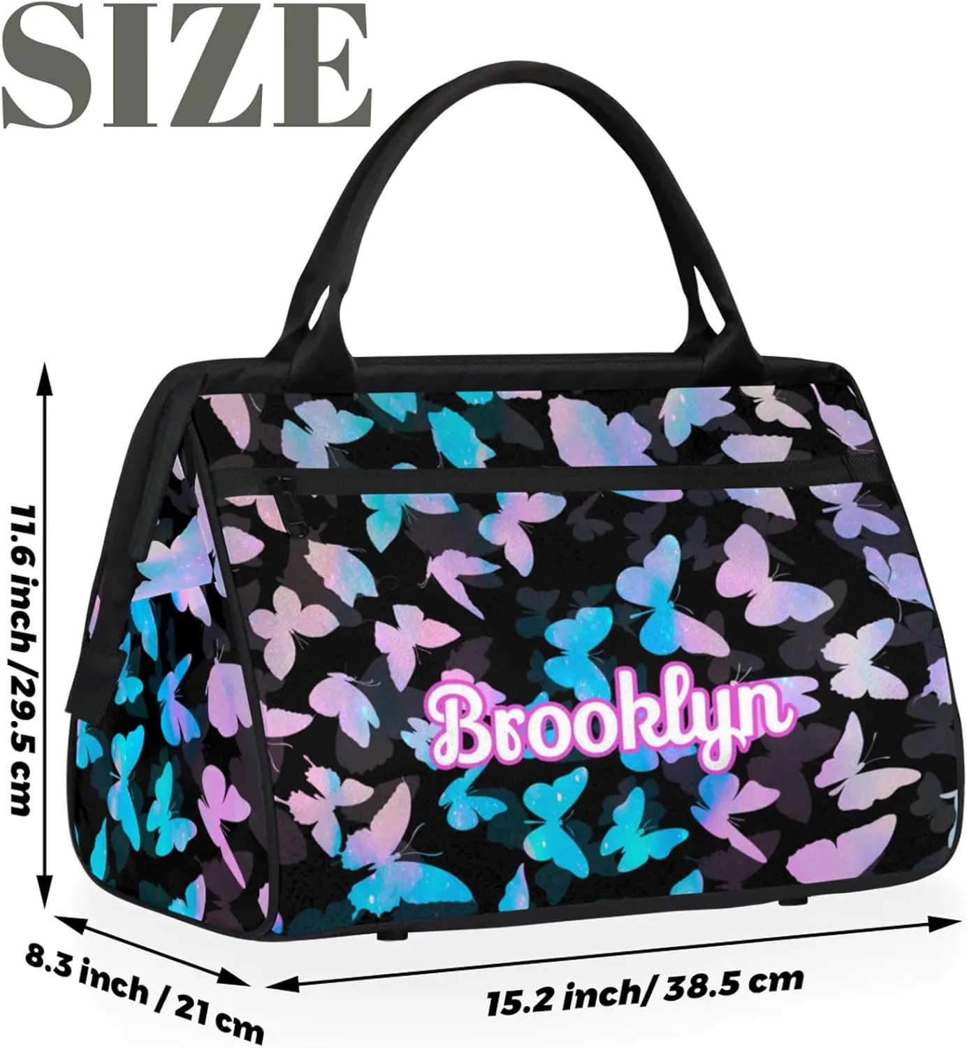 Personalized Butterfly Duffel Bag with Name Custom Travel Sports Bag for Women Men Waterproof Dance Ballet Bag Lightweight 15.2in, Blue Pink Glitter