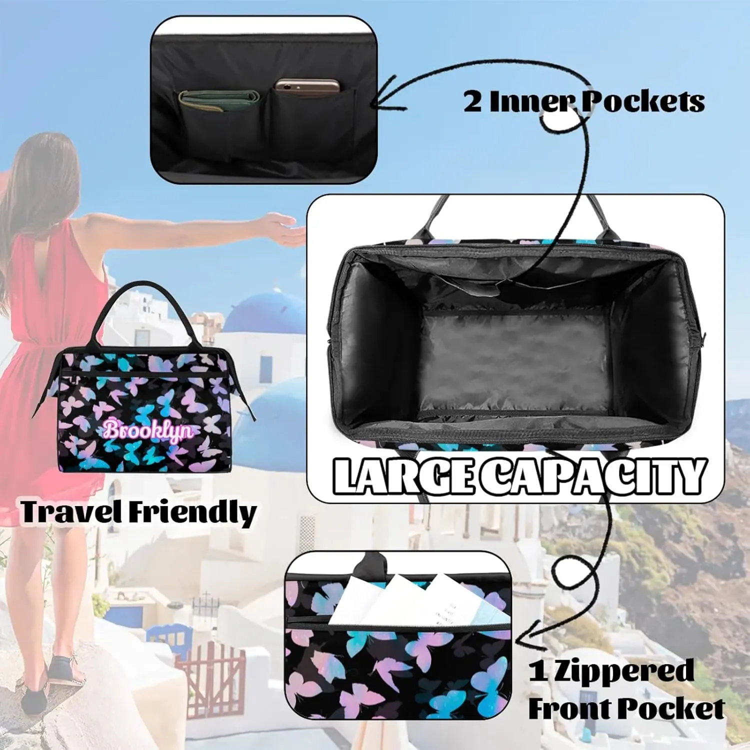 Personalized Butterfly Duffel Bag with Name Custom Travel Sports Bag for Women Men Waterproof Dance Ballet Bag Lightweight 15.2in, Blue Pink Glitter