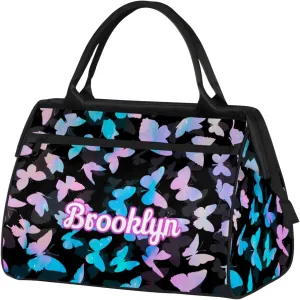 Personalized Butterfly Duffel Bag with Name Custom Travel Sports Bag for Women Men Waterproof Dance Ballet Bag Lightweight 15.2in, Blue Pink Glitter