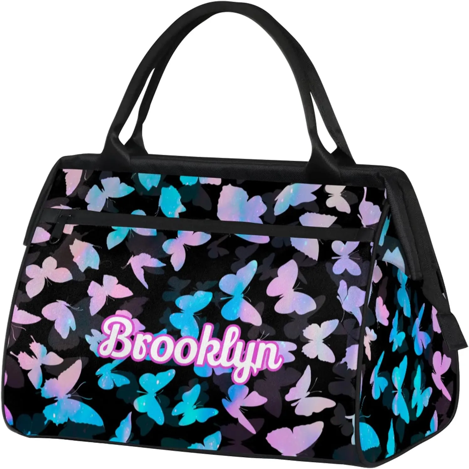 Personalized Butterfly Duffel Bag with Name Custom Travel Sports Bag for Women Men Waterproof Dance Ballet Bag Lightweight 15.2in, Blue Pink Glitter