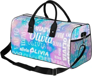 Personalized Duffel Bag with Name Custom Travel Sports Bag for Women Men Waterproof Dance Ballet Bag Lightweight 17.4in, Blue Pink Glitter