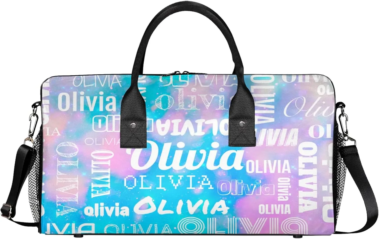 Personalized Duffel Bag with Name Custom Travel Sports Bag for Women Men Waterproof Dance Ballet Bag Lightweight 17.4in, Blue Pink Glitter
