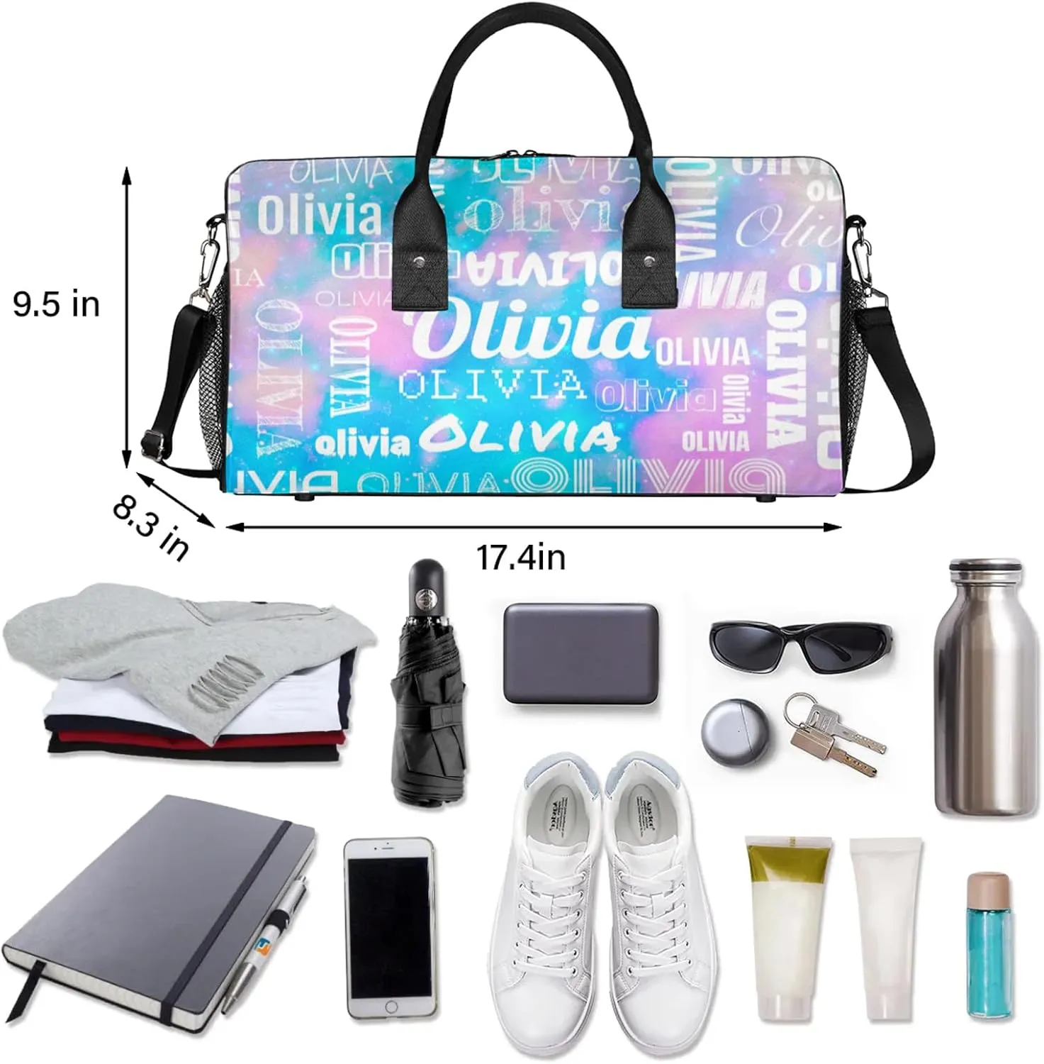 Personalized Duffel Bag with Name Custom Travel Sports Bag for Women Men Waterproof Dance Ballet Bag Lightweight 17.4in, Blue Pink Glitter