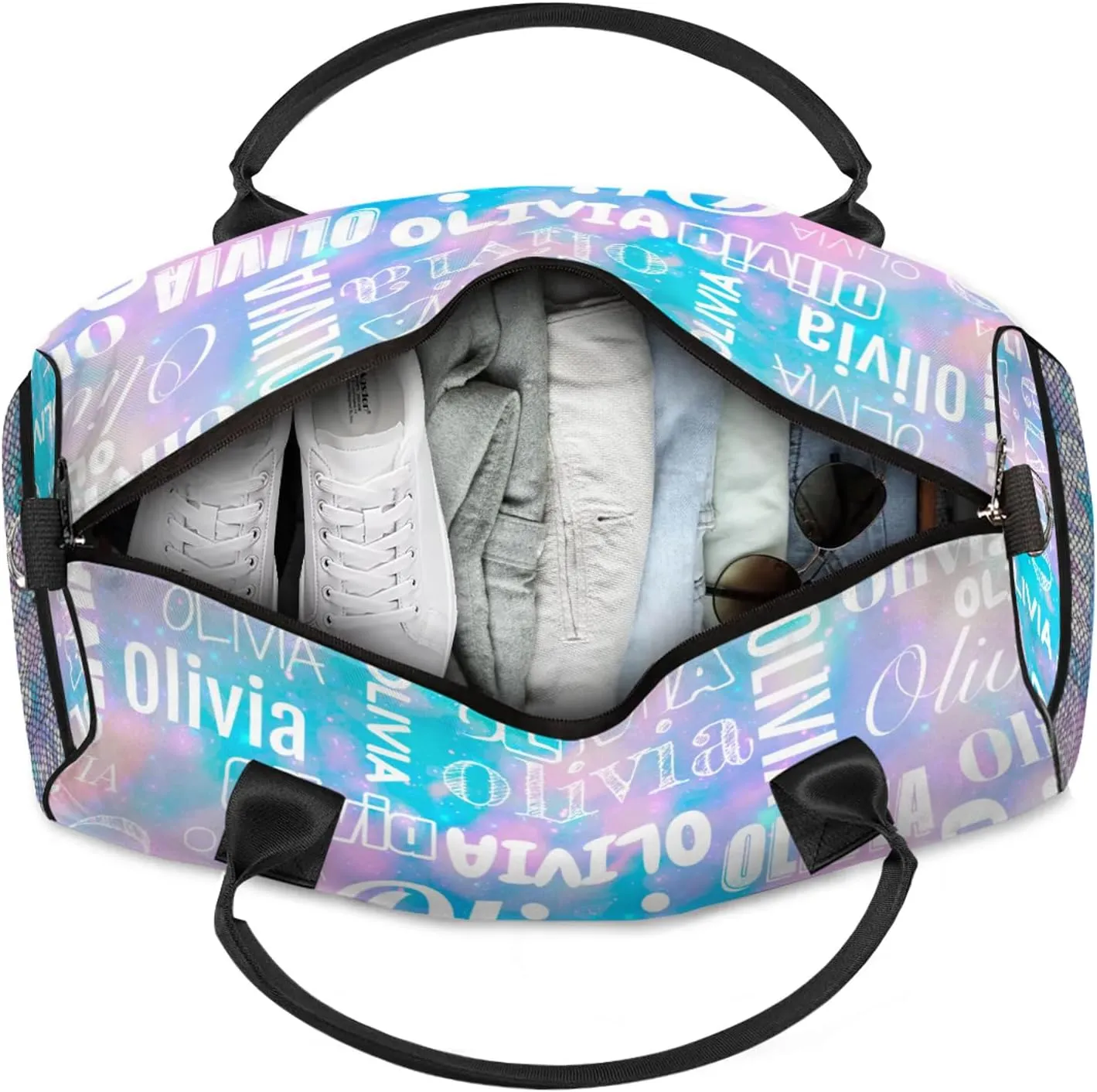 Personalized Duffel Bag with Name Custom Travel Sports Bag for Women Men Waterproof Dance Ballet Bag Lightweight 17.4in, Blue Pink Glitter