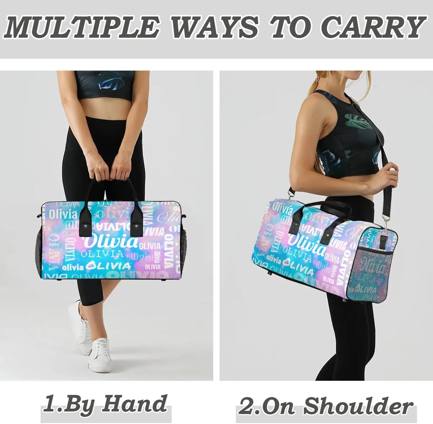 Personalized Duffel Bag with Name Custom Travel Sports Bag for Women Men Waterproof Dance Ballet Bag Lightweight 17.4in, Blue Pink Glitter
