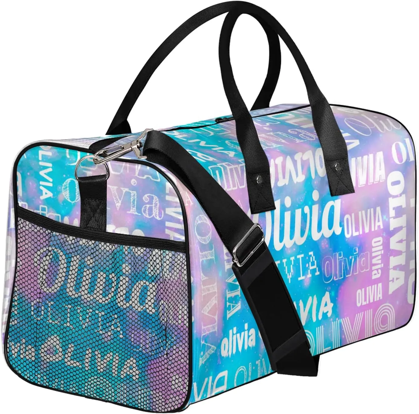 Personalized Duffel Bag with Name Custom Travel Sports Bag for Women Men Waterproof Dance Ballet Bag Lightweight 17.4in, Blue Pink Glitter