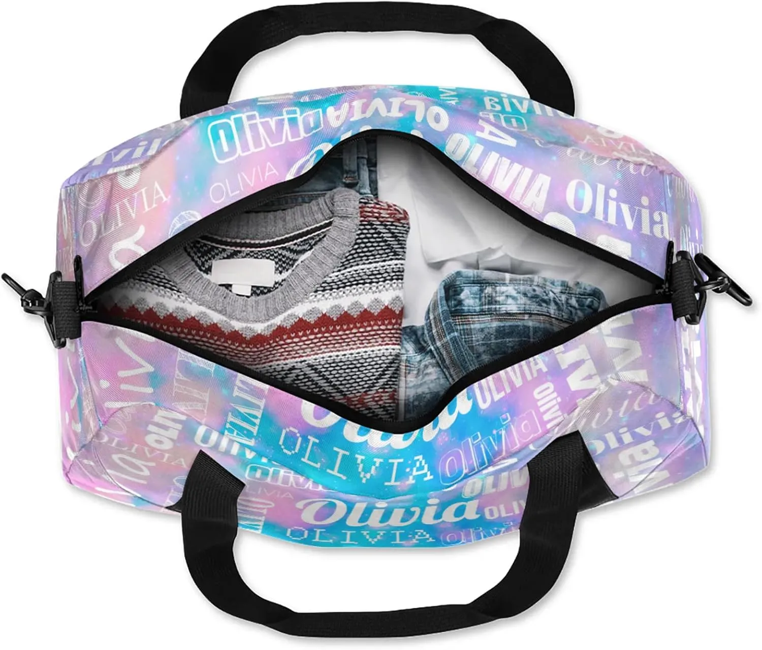 Personalized Duffel Bag with Name Custom Travel Sports Bag for Women Men Waterproof Dance Ballet Bag Lightweight 18.5in, Blue Pink Glitter