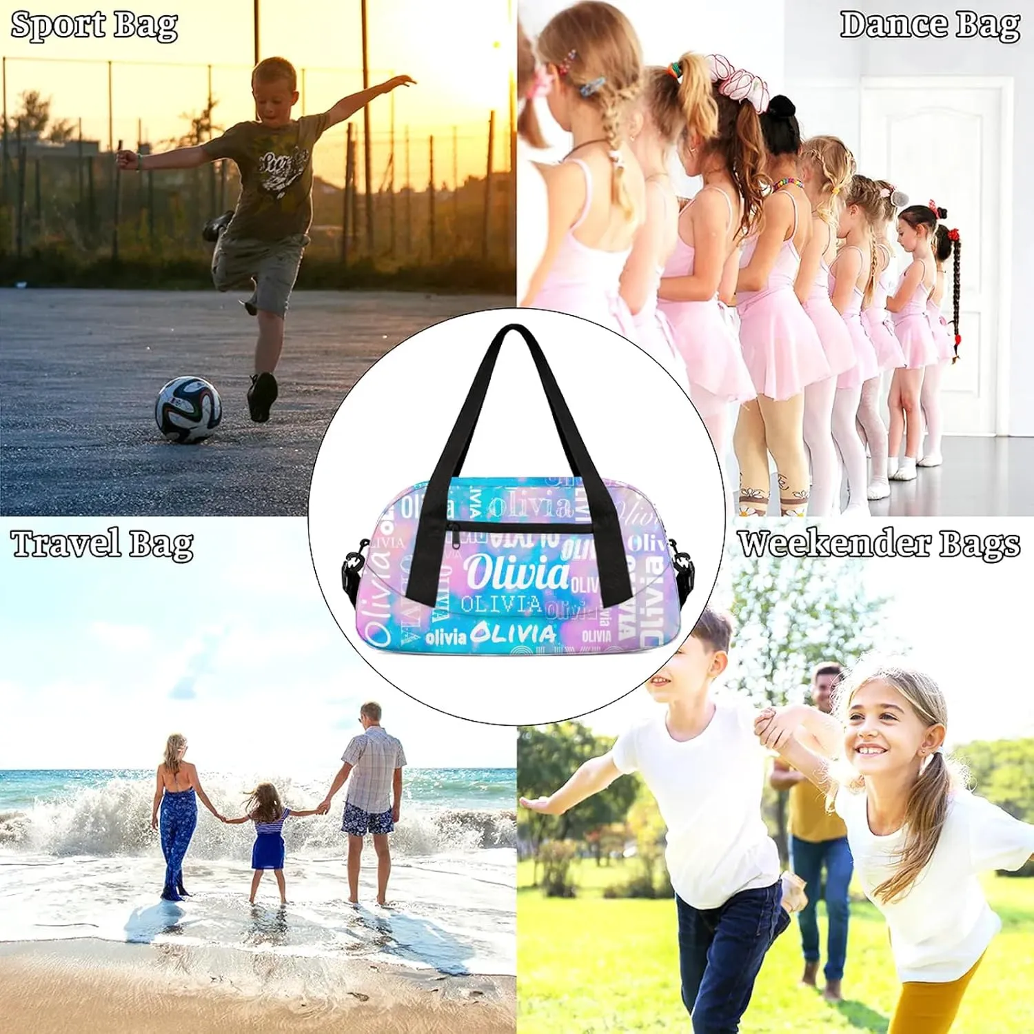 Personalized Duffel Bag with Name Custom Travel Sports Bag for Women Men Waterproof Dance Ballet Bag Lightweight 18.5in, Blue Pink Glitter