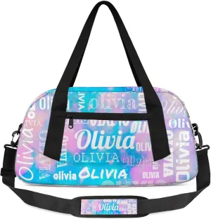Personalized Duffel Bag with Name Custom Travel Sports Bag for Women Men Waterproof Dance Ballet Bag Lightweight 18.5in, Blue Pink Glitter